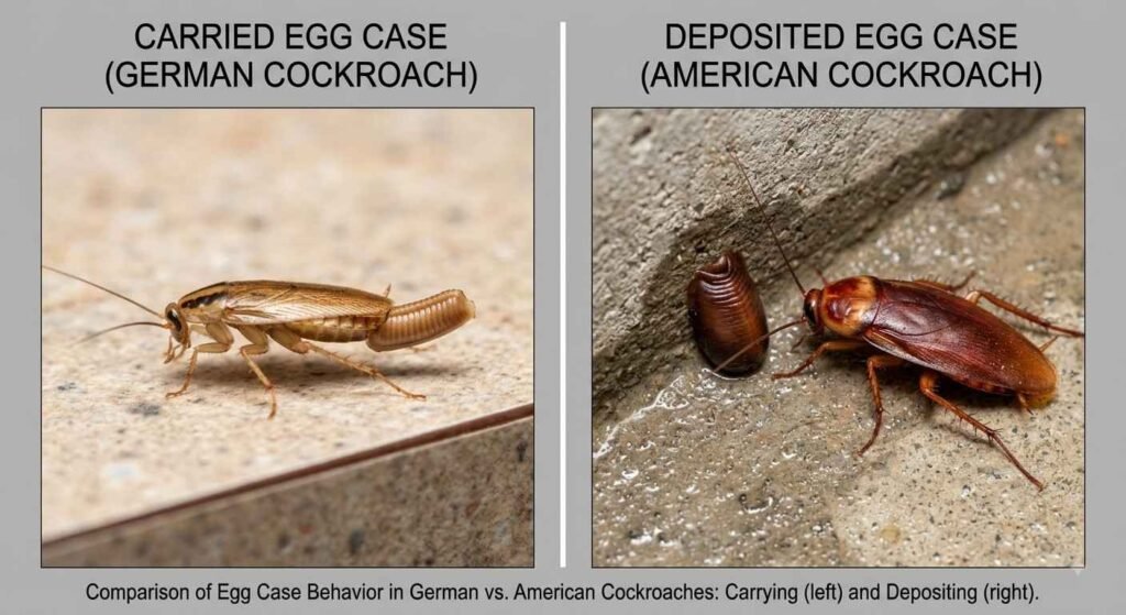 Comparison showing a German cockroach carrying her egg case versus an American cockroach near a deposited egg case