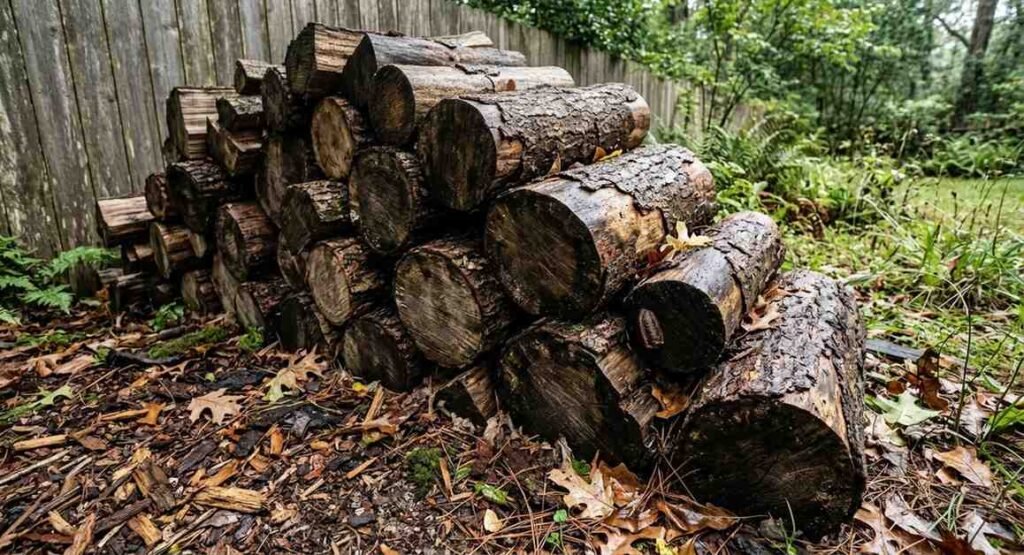 Firewood pile and tree bark harborage where Australian cockroach egg cases are commonly hidden