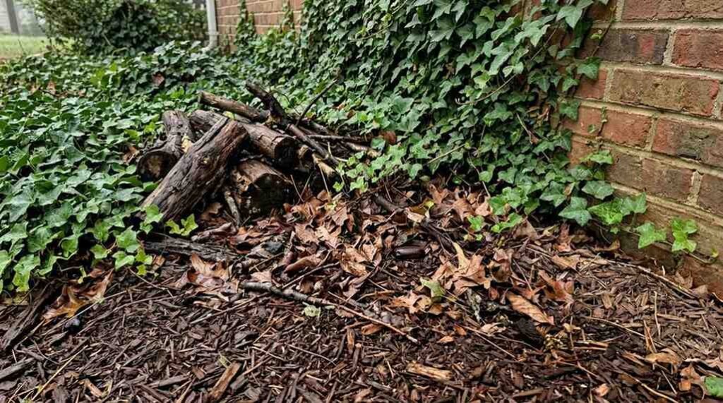 Damp leaf litter and mulch bed near a foundation, a common outdoor hiding spot for smokybrown roach egg cases