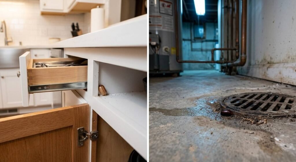 Split image comparing a German roach egg case hidden in a kitchen cabinet versus an American roach egg case near a basement drain