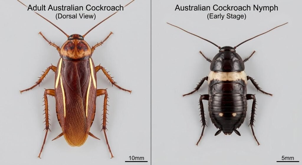 Adult Australian cockroach with yellow wing markings next to a dark nymph with pale thorax band and abdomen spots