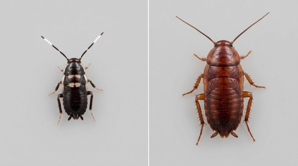 Comparison of young and older smokybrown cockroach nymphs showing white stripe markings and reddish-brown coloring