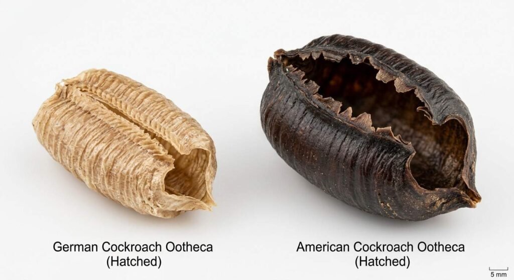 Comparison of a hatched German roach egg case versus a hatched American roach egg case showing split seams and hollow interiors