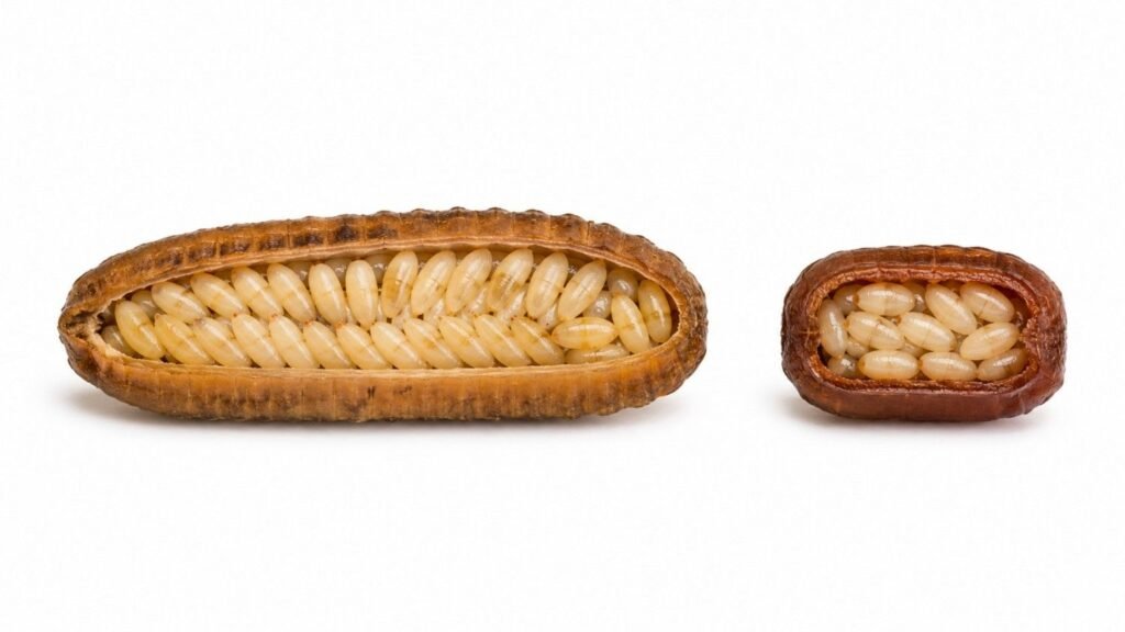 Scientific cross-section comparison showing more developing eggs inside a German cockroach ootheca than inside a brown-banded ootheca