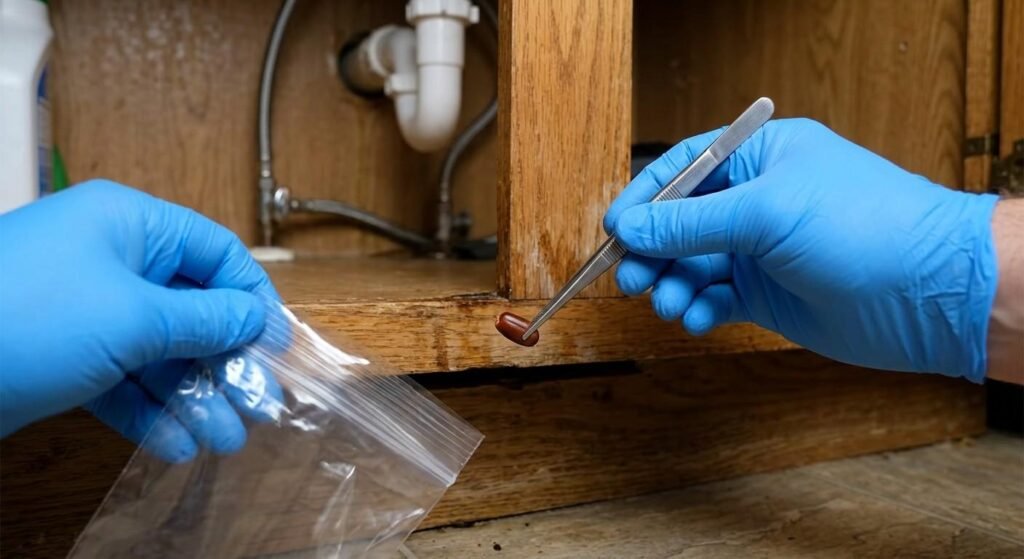 Gloved hand using tweezers to remove an Australian cockroach egg case from a damp cabinet crack for disposal