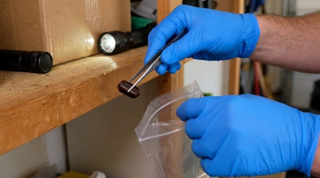Gloved hand using tweezers to remove a smokybrown roach egg case and place it into a sealed bag for disposal
