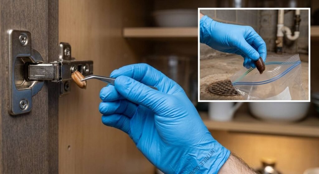 Gloved hand removing a German roach egg case from a kitchen cabinet and an American roach egg case from a basement drain area