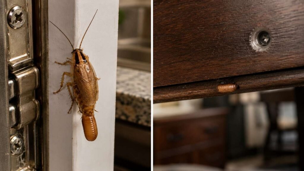 German female cockroach carrying an ootheca contrasted with a brown-banded cockroach egg case glued to a household surface.
