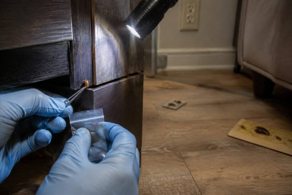 Gloved person carefully removing a cockroach egg case with tweezers while inspecting the surrounding area with a flashlight.